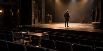 Eine anonyme Person steht auf einer beleuchteten Theaterbühne vor einem leeren Zuschauerraum.