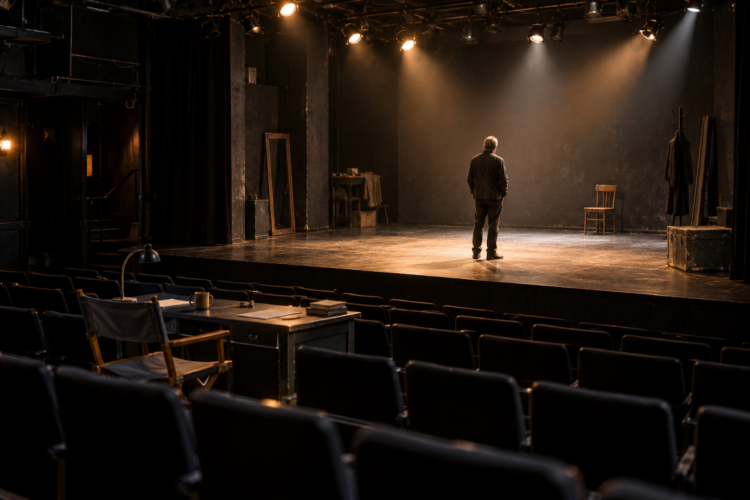 Eine anonyme Person steht auf einer beleuchteten Theaterbühne vor einem leeren Zuschauerraum.