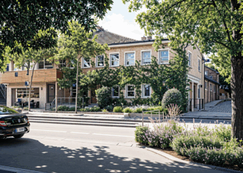 Modernisiertes Hallenbad Eickel mit gepflegter begrünter Außenanlage und barrierefreiem Zugang, bei Sonnenschein fotografiert – eine Szene aus dem städtischen Alltag.