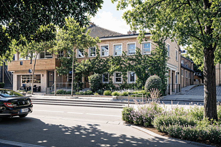 Modernisiertes Hallenbad Eickel mit gepflegter begrünter Außenanlage und barrierefreiem Zugang, bei Sonnenschein fotografiert – eine Szene aus dem städtischen Alltag.