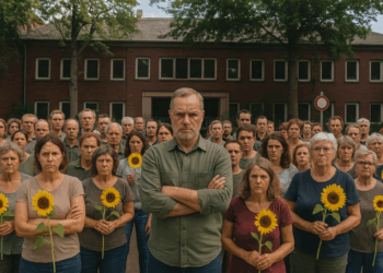 Rund 35 Bürger protestieren mit Sonnenblumen vor rotem Backsteingebäude mit gesperrtem Eingang.