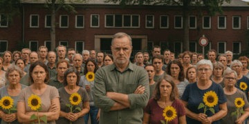 Rund 35 Bürger protestieren mit Sonnenblumen vor rotem Backsteingebäude mit gesperrtem Eingang.
