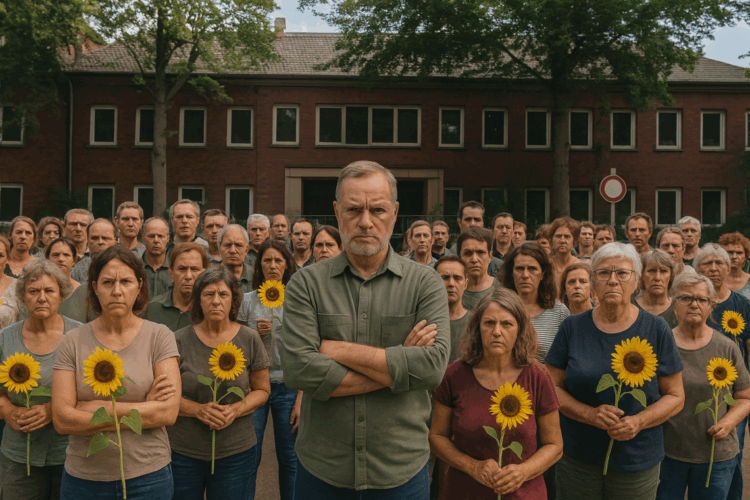 Rund 35 Bürger protestieren mit Sonnenblumen vor rotem Backsteingebäude mit gesperrtem Eingang.