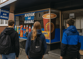 Drei Jugendliche mit Rucksäcken stehen vor dem Kiosk am Kanal mit Werbeplakaten für Snacks und Getränke.