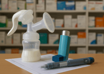 Milchpumpe, Inhalator und Insulin-Pen liegen auf einem Rezept vor einem Apothekenregal mit Medikamentenverpackungen.