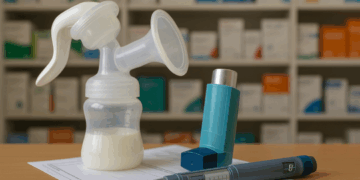 Milchpumpe, Inhalator und Insulin-Pen liegen auf einem Rezept vor einem Apothekenregal mit Medikamentenverpackungen.