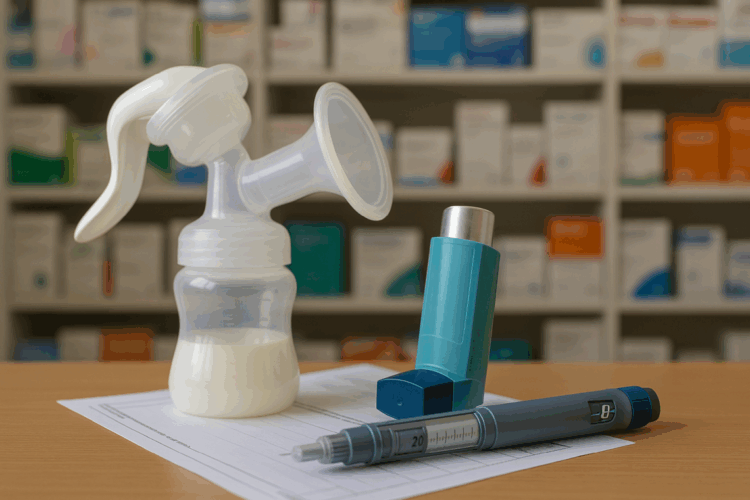 Milchpumpe, Inhalator und Insulin-Pen liegen auf einem Rezept vor einem Apothekenregal mit Medikamentenverpackungen.