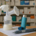 Milchpumpe, Inhalator und Insulin-Pen liegen auf einem Rezept vor einem Apothekenregal mit Medikamentenverpackungen.