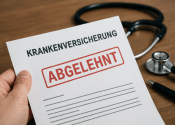 Nahaufnahme eines Ablehnungsschreibens einer Krankenversicherung mit dem deutlich sichtbaren roten Stempel ‚ABGELEHNT‘. Im Hintergrund liegen ein Stethoskop und ein schwarzer Kugelschreiber auf einem Holztisch, eine Hand hält das Schreiben fest.