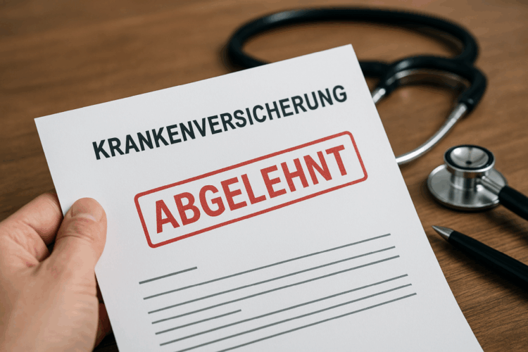 Nahaufnahme eines Ablehnungsschreibens einer Krankenversicherung mit dem deutlich sichtbaren roten Stempel ‚ABGELEHNT‘. Im Hintergrund liegen ein Stethoskop und ein schwarzer Kugelschreiber auf einem Holztisch, eine Hand hält das Schreiben fest.