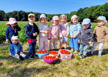 U3-Kinder der Großtagespflege „Waldwichtel“ beim Erdbeerpflücken auf dem Feld in Herne, Gruppenfoto mit vollen Schüsseln Erdbeeren.