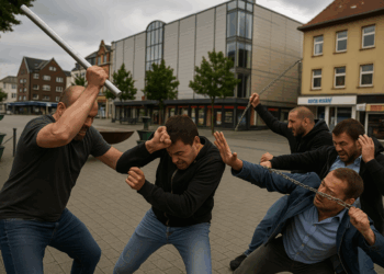 Brutale Prügelei mit Eisenstange in Gladbecker Fußgängerzone Vier Männer geraten mit Eisenstange und Kette in eine gewaltsame Auseinandersetzung auf dem Platz in der Innenstadt von Gladbeck.