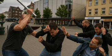 Vier Männer geraten mit Eisenstange und Kette in eine gewaltsame Auseinandersetzung auf dem Platz in der Innenstadt von Gladbeck.