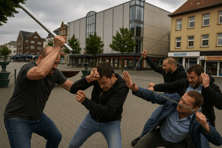Vier Männer geraten mit Eisenstange und Kette in eine gewaltsame Auseinandersetzung auf dem Platz in der Innenstadt von Gladbeck.