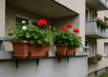 Balkonbepflanzung: Was Mieter dürfen – und wann es Streit gibt Blumenkästen mit roten und weißen Geranien hängen sicher befestigt außen an einem Betonbalkon eines Mehrfamilienhauses; im Hintergrund weitere bepflanzte Balkone mit ähnlicher Gestaltung.