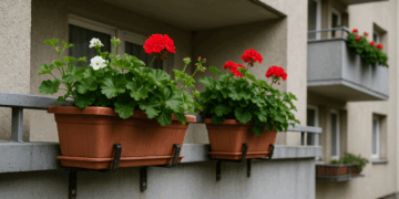Blumenkästen mit roten und weißen Geranien hängen sicher befestigt außen an einem Betonbalkon eines Mehrfamilienhauses; im Hintergrund weitere bepflanzte Balkone mit ähnlicher Gestaltung.