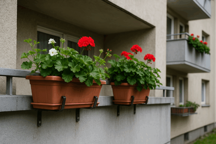 Blumenkästen mit roten und weißen Geranien hängen sicher befestigt außen an einem Betonbalkon eines Mehrfamilienhauses; im Hintergrund weitere bepflanzte Balkone mit ähnlicher Gestaltung.