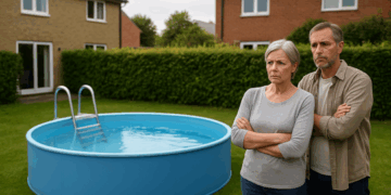 Älteres Ehepaar mit verschränkten Armen steht ernst und unzufrieden neben einem aufgestellten runden Gartenpool in einem gepflegten Reihenhausgarten; im Hintergrund zwei Einfamilienhäuser und hohe Hecken.