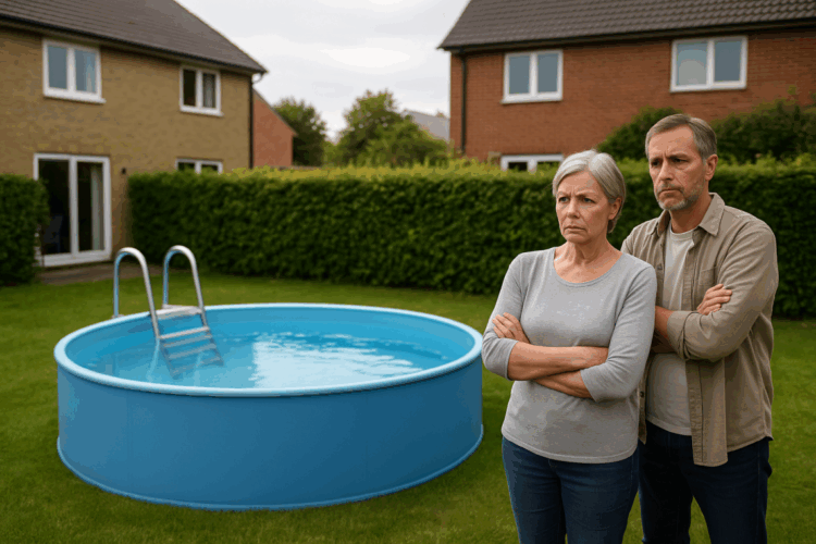 Älteres Ehepaar mit verschränkten Armen steht missmutig in einem gepflegten Garten vor einem runden, blauen Aufstellpool; im Hintergrund zwei Einfamilienhäuser und eine dichte Hecke, die Grundstücke trennt.