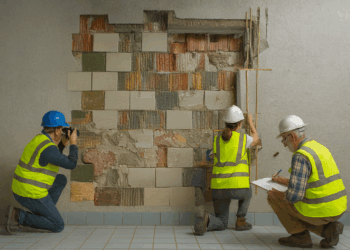 Drei Gutachter in Warnwesten dokumentieren ein fehlendes Mosaik in einem leerstehenden Hallenbad durch Vermessung, Fotografie und Skizze.
