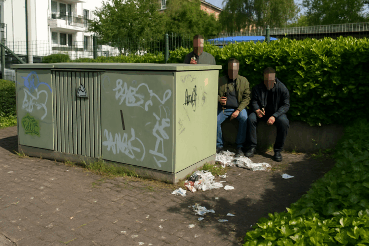 Drei Männer mit verpixelten Gesichtern sitzen hinter einer verschmutzten Trafostation mit Graffiti in einem Wohngebiet.