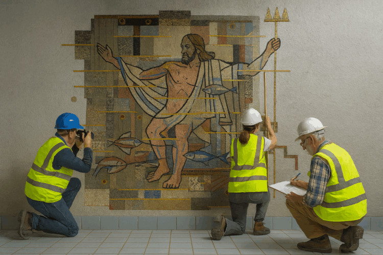 Drei Gutachter in Warnwesten dokumentieren ein Mosaik in einem leerstehenden Hallenbad durch Vermessung, Fotografie und Skizze.