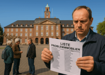 Geheimnisverrat um Problemimmobilien: Stadt Herne drohen Millionenkosten Ein besorgter Mann mittleren Alters steht vor dem Herner Rathaus und hält eine Liste mit der Überschrift ‚Problemimmobilien‘ in den Händen; im Hintergrund diskutieren weitere Bürger vor dem historischen Verwaltungsgebäude.