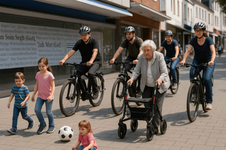 Ältere Frau mit Rollator und drei Kinder zwischen mehreren Radfahrern und E-Bikes in Fußgängerzone mit Fußball.