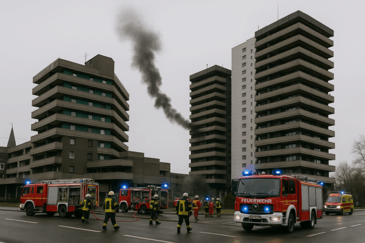 Großeinsatz der Feuerwehr vor Hochhäusern – Rauchentwicklung im Wohnblock.