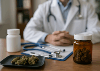 Medizinisches Cannabis auf einem Tablett neben einem Glasbehälter auf dem Schreibtisch eines Arztes mit Stethoskop.