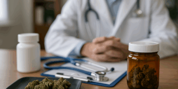 Medizinisches Cannabis auf einem Tablett neben einem Glasbehälter auf dem Schreibtisch eines Arztes mit Stethoskop.