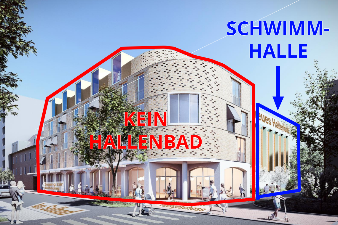 Tricksen, Täuschen, Tarnen – Wie die Stadt Herne das Bürgerbegehren ausgehebelt hat Täuschung in Stein gegossen: Während vorne ein überdimensionierter Wohn- und Gewerbeblock dominiert, versteckt sich die eigentliche Schwimmhalle unscheinbar im Hintergrund. Der Entwurf stammt vom Stuttgarter Architekturbüro Kauffmann Theilig & Partner – und führt die Bürger architektonisch an der Nase herum.