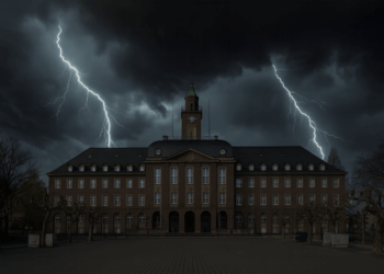 Blitze über dem Rathaus Herne unter dunklen Sturmwolken, menschenleerer Vorplatz bei Nacht.