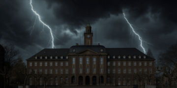 Blitze über dem Rathaus Herne unter dunklen Sturmwolken, menschenleerer Vorplatz bei Nacht.