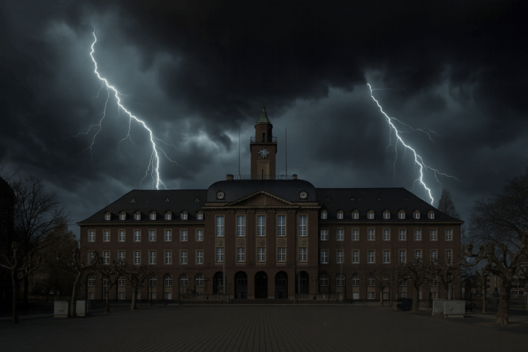 Blitze über dem Rathaus Herne unter dunklen Sturmwolken, menschenleerer Vorplatz bei Nacht.