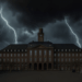 Blitze über dem Rathaus Herne unter dunklen Sturmwolken, menschenleerer Vorplatz bei Nacht.