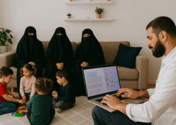 Muslimisches Wohnzimmer mit drei Frauen im Niqab auf dem Sofa, spielenden Kindern auf dem Teppich und einem Mann, der am Laptop die Webseite eines islamischen Heiratsportals aufruft.