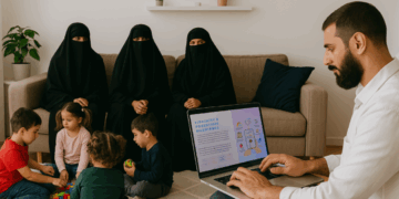 Muslimisches Wohnzimmer mit drei Frauen im Niqab auf dem Sofa, spielenden Kindern auf dem Teppich und einem Mann, der am Laptop die Webseite eines islamischen Heiratsportals aufruft.