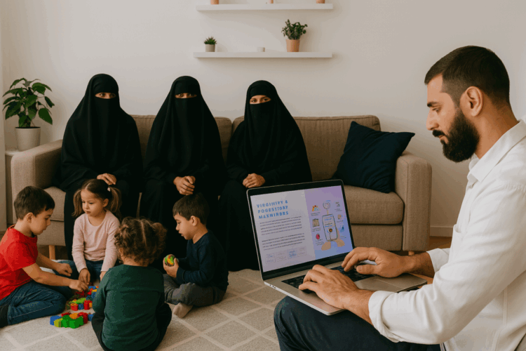 Muslimisches Wohnzimmer mit drei Frauen im Niqab auf dem Sofa, spielenden Kindern auf dem Teppich und einem Mann, der am Laptop die Webseite eines islamischen Heiratsportals aufruft.