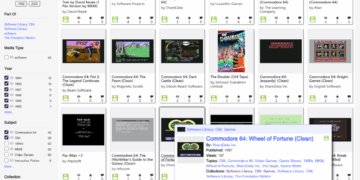 Übersicht klassischer C64-Spiele im Internet Archive, darunter Pac-Man, Jeopardy und Knight Games.