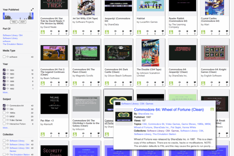 Übersicht klassischer C64-Spiele im Internet Archive, darunter Pac-Man, Jeopardy und Knight Games.