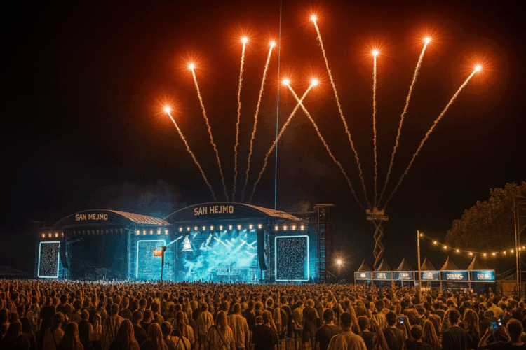 Menschenmenge beim San Hejmo Festival bei Nacht, beleuchtete Bühne mit Feuerwerk und Getränkeständen im Hintergrund.