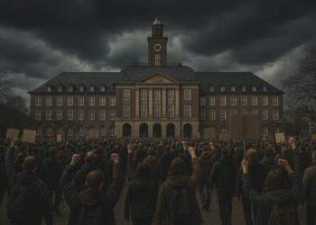 Tricksen, Täuschen, Tarnen – Wie die Stadt Herne das Bürgerbegehren ausgehebelt hat Menschenmenge zieht mit erhobenen Fäusten und Plakaten zum Rathaus Herne unter düsterem Himmel.