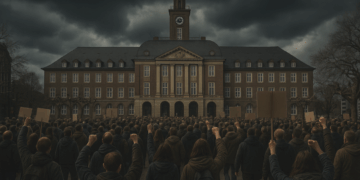 Menschenmenge zieht mit erhobenen Fäusten und Plakaten zum Rathaus Herne unter düsterem Himmel.