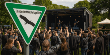 Rockkonzert vor Bühne im Landschaftsschutzgebiet mit Schild im Vordergrund.