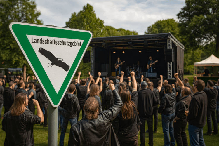Rockkonzert vor Bühne im Landschaftsschutzgebiet mit Schild im Vordergrund.