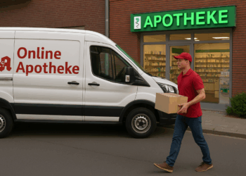 Zusteller vor einer traditionellen Apotheke mit Online-Apotheken-Lieferwagen im Vordergrund.