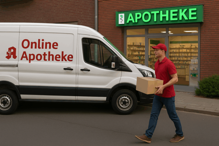 Zusteller vor einer traditionellen Apotheke mit Online-Apotheken-Lieferwagen im Vordergrund.