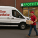 Umweltbilanz: Versandapotheke vs. Vor-Ort-Apotheke Zusteller vor einer traditionellen Apotheke mit Online-Apotheken-Lieferwagen im Vordergrund.