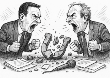 Zwei Männer im Anzug schreien sich an, zwischen ihnen ein zerbrochenes Werteunion-Logo als Symbol, verstreute Papiere und ein Mikrofon im Chaos.